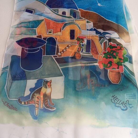 Ifasma Scarf Made In Greece Greek Village Kos Isles Cat Azure Design Rectangle - Picture 3 of 10